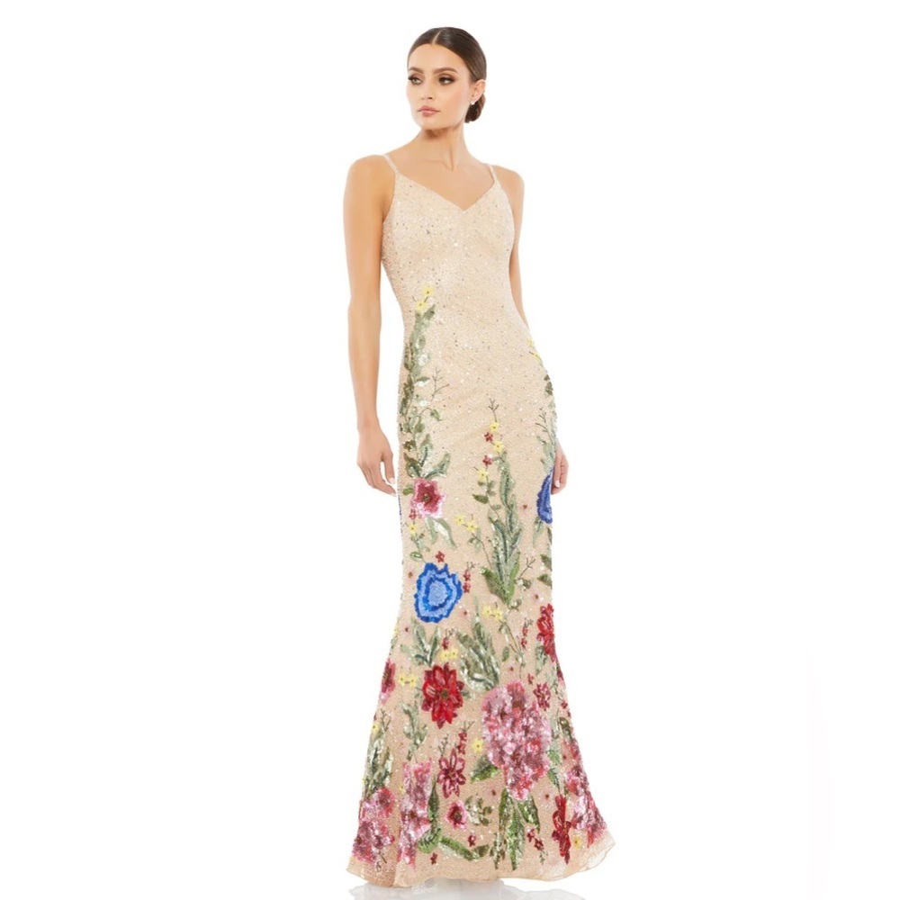 Mac Duggal Nude Sequin Maxi Dress with Multicolor Floral Embroidery